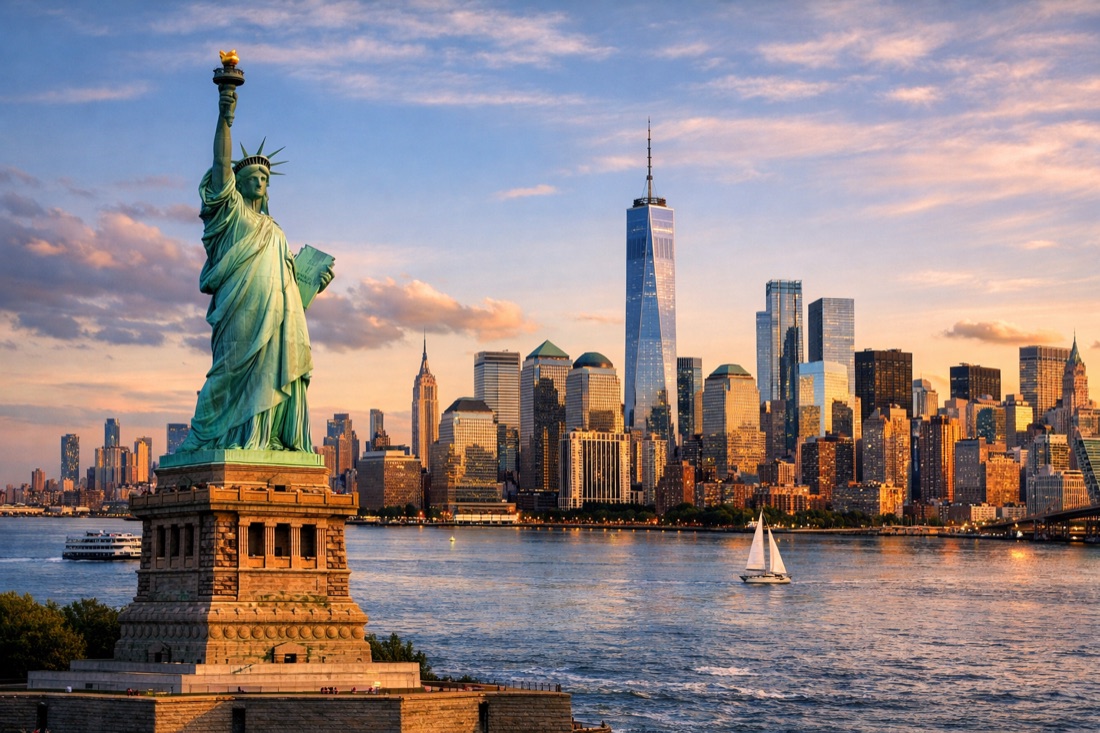 New York City skyline at dusk